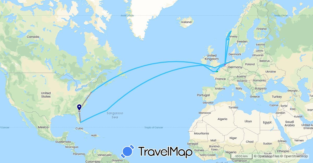 TravelMap itinerary: driving, bus, plane, cycling, train, boat in Bermuda, Germany, France, United Kingdom, Guernsey, Ireland, Netherlands, Norway, United States (Europe, North America)